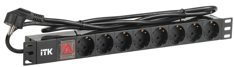PH12-8D1 ITK PDU 8 розеток нем. стандарт, с LED выключателем, 1U, шнур 2м вилка нем. стандарт