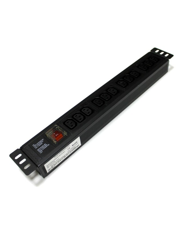 Блок розеток 19", 16А, 12 розеток IEC C13, без шнура, гнездо IEC C14 на задней панели, выключатель,