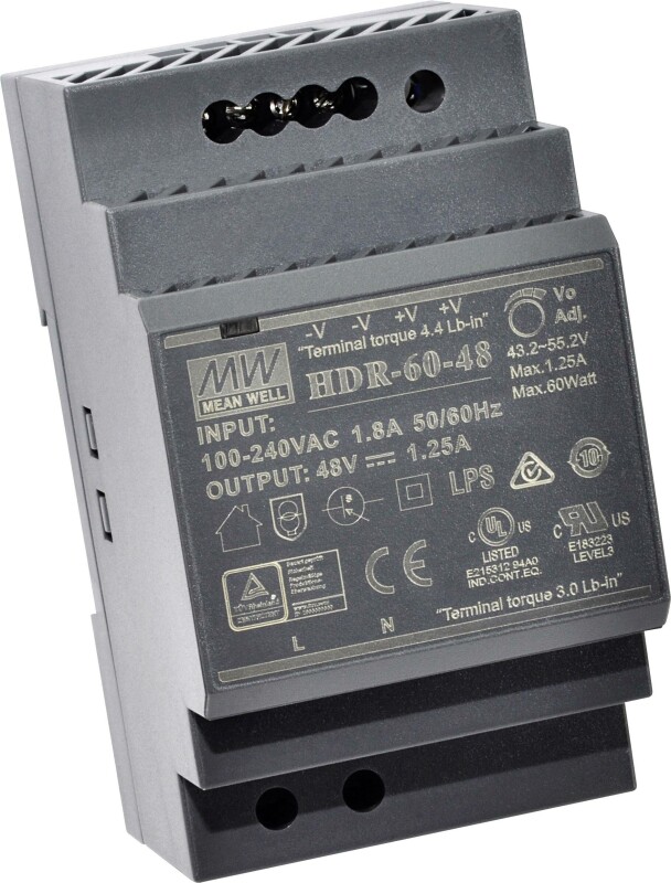 HDR-60-48 БЛОК ПИТАНИЯ НА DIN-РЕЙКУ MEAN WELL 60ВТ, 48В, 1.25А