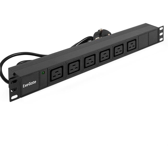 Блок розеток горизонтальный 19", 1U, Алюминий, 6 IEC 320 кабель с евровилкой -3*1.5mm2, медь, 3 м