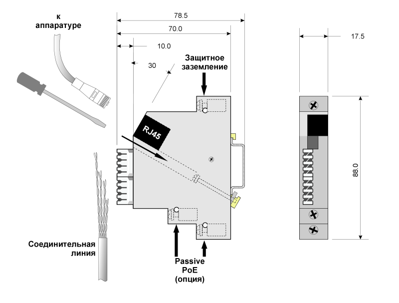Грозозащита Info-Sys Ethernet РГ4PoE-1DIN, монтаж на DIN-рейку. с заземлением, PoE