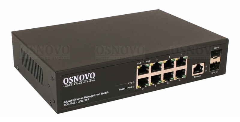 Управляемый L2 PoE коммутатор Gigabit Ethernet на 8 RJ45 PoE + 2 x GE SFP OSNOVO SW-80802/L(150W)