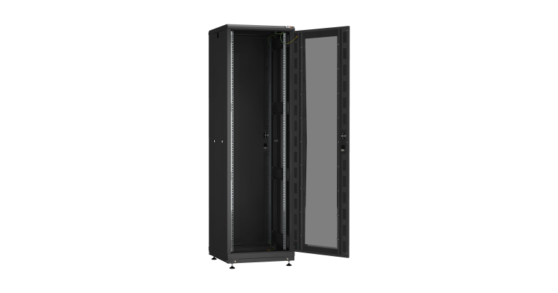 Напольный шкаф 19", 42U, стеклянная дверь, Ш600хВ2010хГ600мм, в разобранном виде, черный