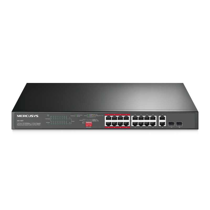Коммутатор 16-портовый монтируемый в стойку PoE+ 10/100 Мбит/с, 2 combo Mercusys MS118CP
