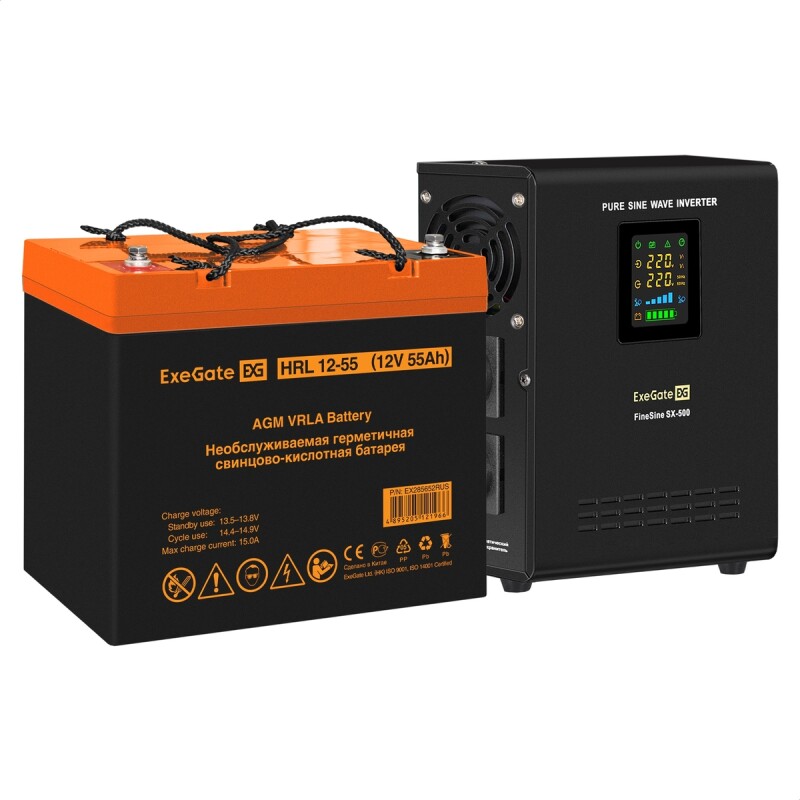 Комплект ИБП ExeGate FineSine SX-500.LCD.AVR.2SH + батарея 55Aч, 1 шт