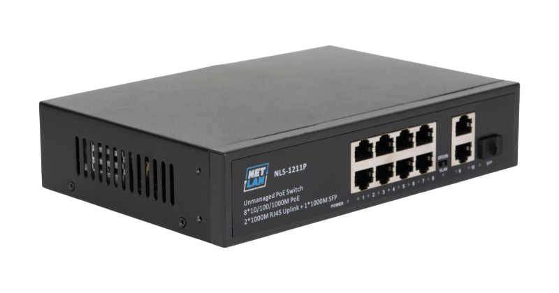 Коммутатор NETLAN, неуправляемый, 10/100Мбит/с, SFP, DC52V/2.3A, PoE бюджет 120W NLS-1211P
