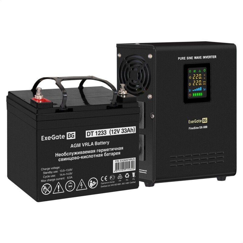 Комплект ИБП ExeGate FineSine SX-500.LCD.AVR.2SH + батарея DT 1233 (12В, 33Ач) EX296495RUS