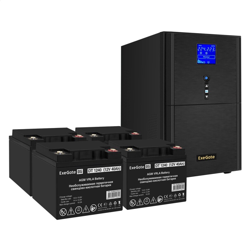 Комплект ИБП ExeGate SineTower SZ-3000.LCD.AVR.3SH.1C13.RJ.USB + батарея 40Aч, 4 шт