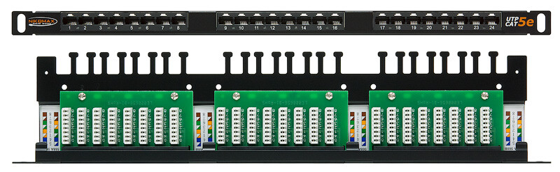 Коммутационная панель NIKOMAX 19", 0,5U, 24 порта, Кат.5e (Класс D), 100МГц, NMC-RP24UD2-HU-BK