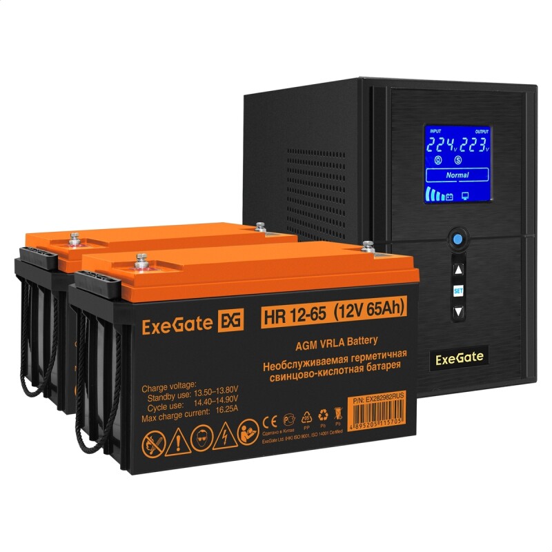 Комплект ИБП ExeGate SineTower SZ-1000.LCD.AVR.2SH.1C13.USB + батарея 65Aч, 2 шт