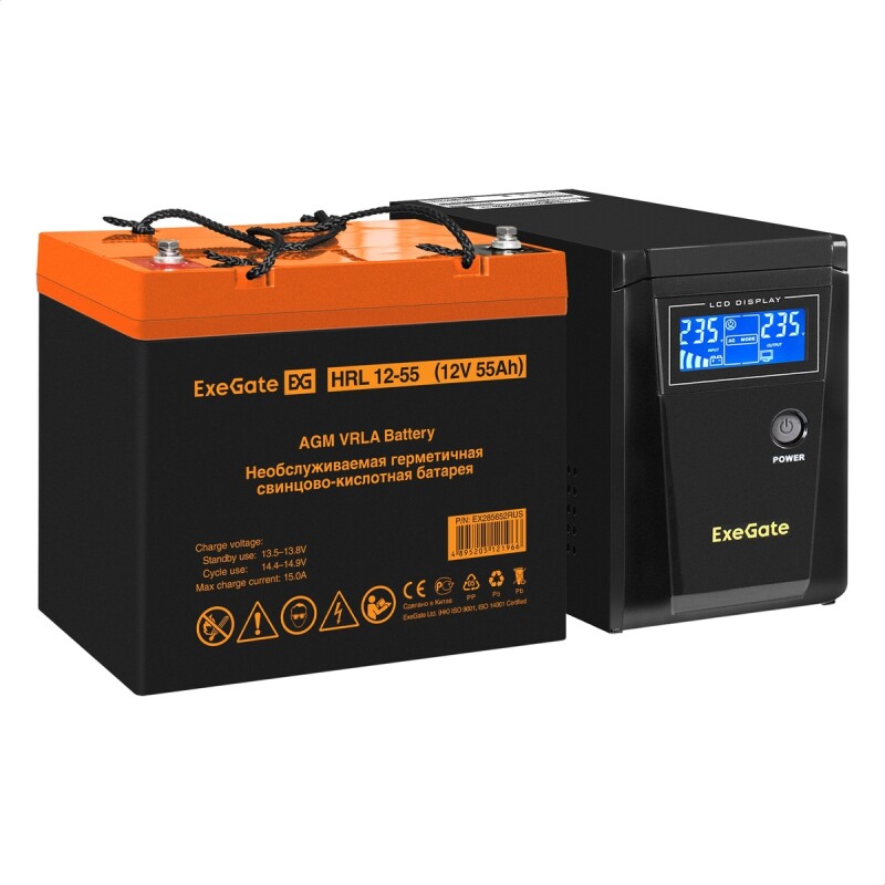 Комплект ИБП ExeGate SineTower SZ-600.LCD.AVR.1SH + батарея 55Ач, 1 шт EX296774RUS